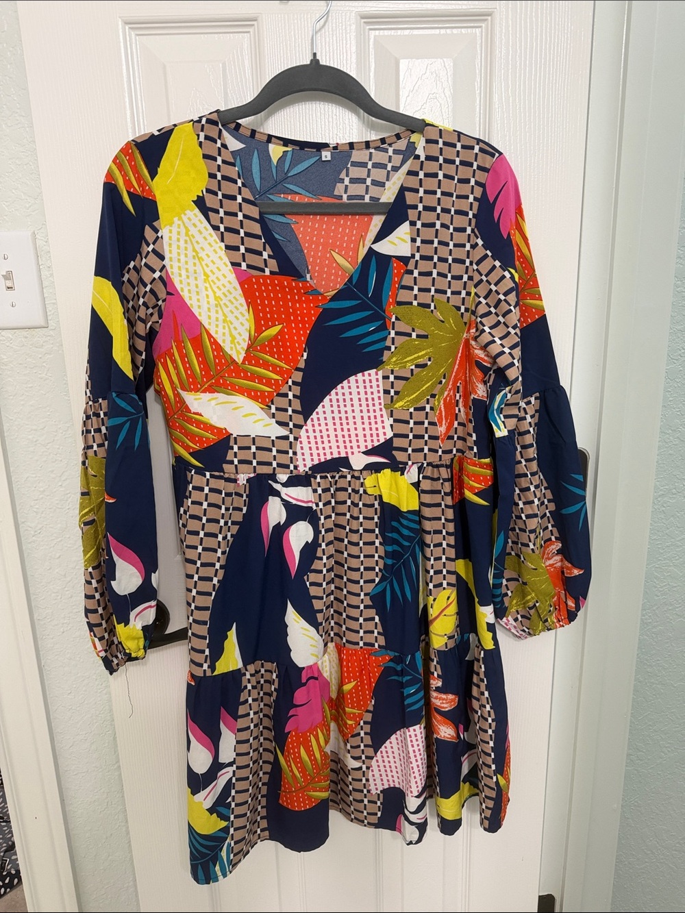 Vibrant Floral Navy Tiered Long-Sleeve Dress